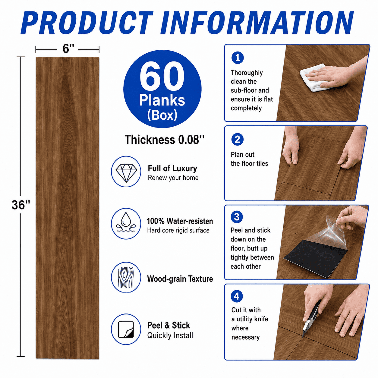 PVC Peel and Stick Flooring, 36"x6" Planks, 60 Pieces, Waterproof, Scratch Resistant, DIY Installation