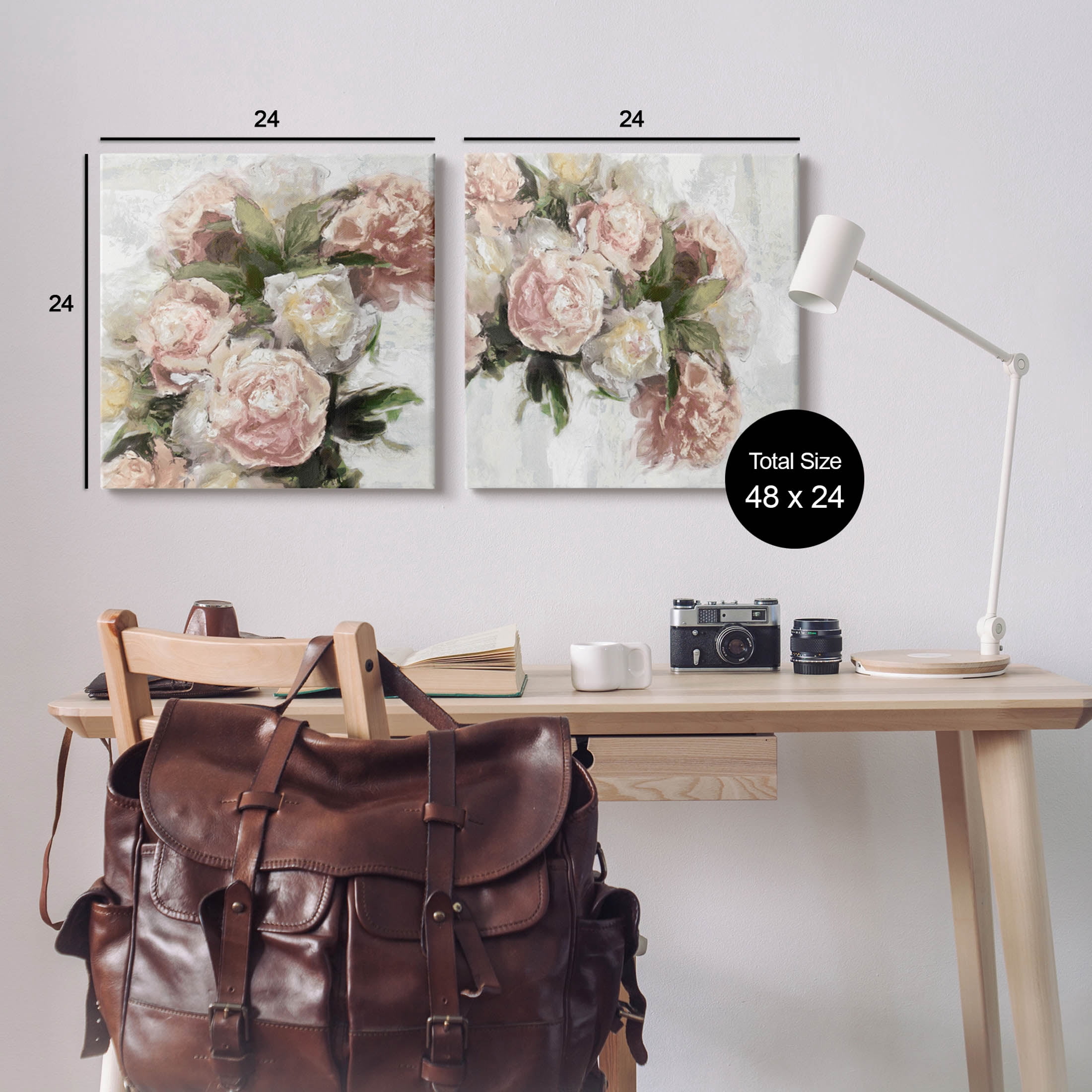 Traditional Peony Blossoms Arrangement Botanical & Floral Graphic Art Gallery Wrapped Canvas Print Wall Art, Set of 2