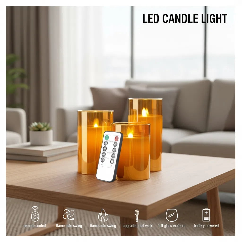Goldprice Rechargeable Flameless Candle, LED Flickering Candles Tea Lights Pillar Candles Sets with Adjustable Brightness and Timing Remote, Battery Operated Acrylic USB Candles (D 3”×H 4”5”6”)