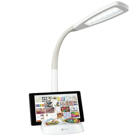 OttLite Wellness Series® Desk Lamp, White – Tablet & Smart Phone Stand, USB Charging Port, Touch Light Switch, Flexible Neck Height, for Cooking, Crafting, Sewing & Working