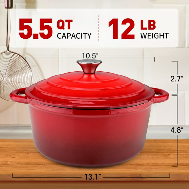 TINANA Enameled Cast Iron Dutch Oven, 5.5QT Pot, Red, Heavy-Duty