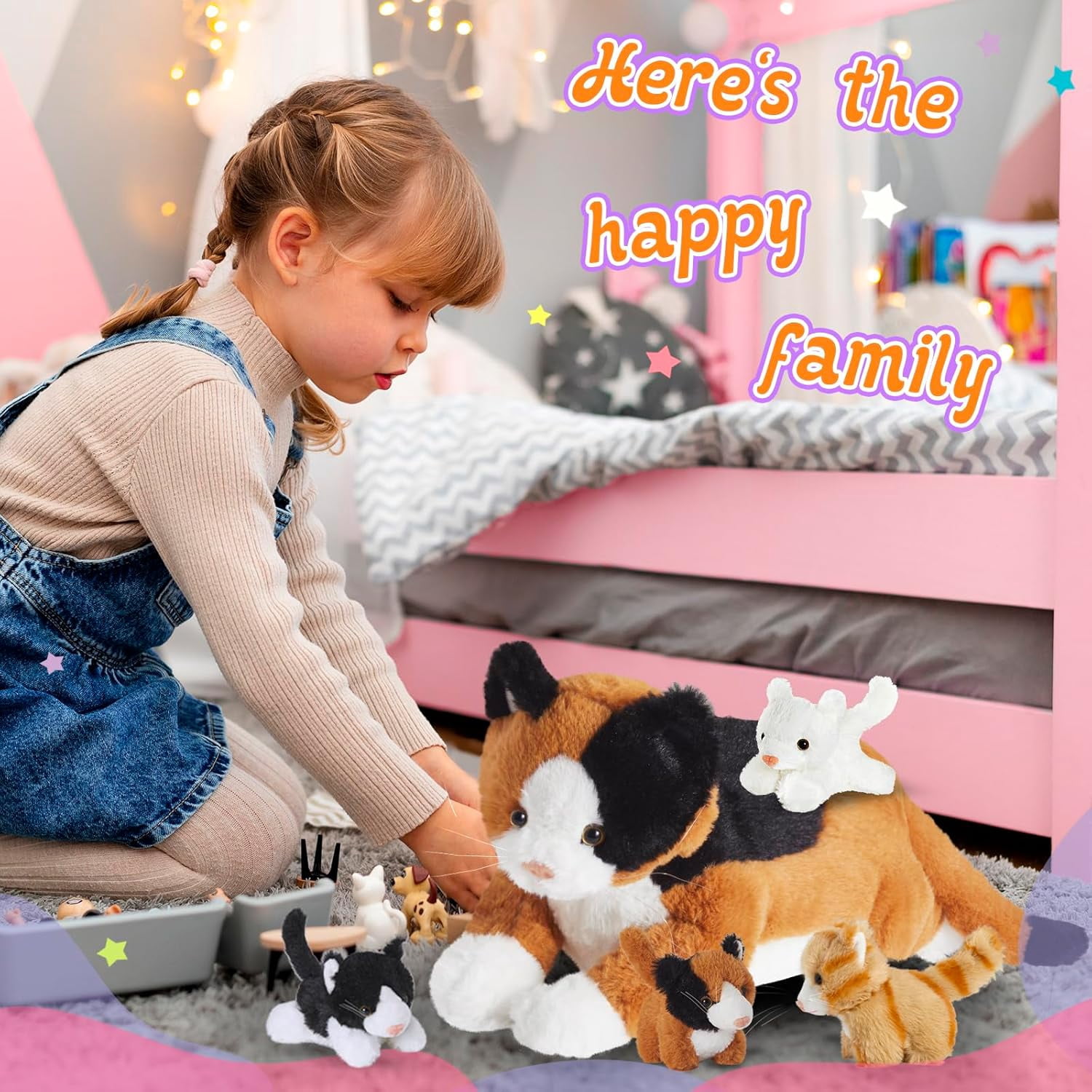 Houwsbaby 5-Piece Cat Plush Toy Set - Mommy Cat with 4 Kittens, Kitty Surprise, Parent-Child Stuffed Animals for Kids, 17''