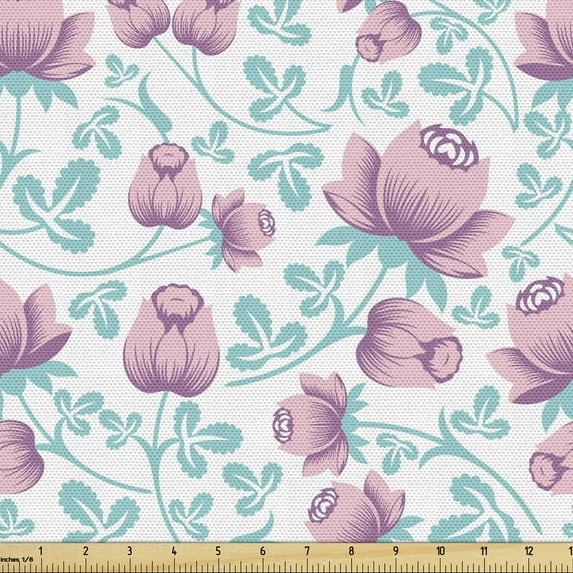 Floral Upholstery Fabric by the Yard, Retro Feminine Blooms Flourishing Petals Leaves Shabby Branches Motif, Decorative Fabric for DIY and Home Accents, Dried Rose and Turquoise by Ambesonne