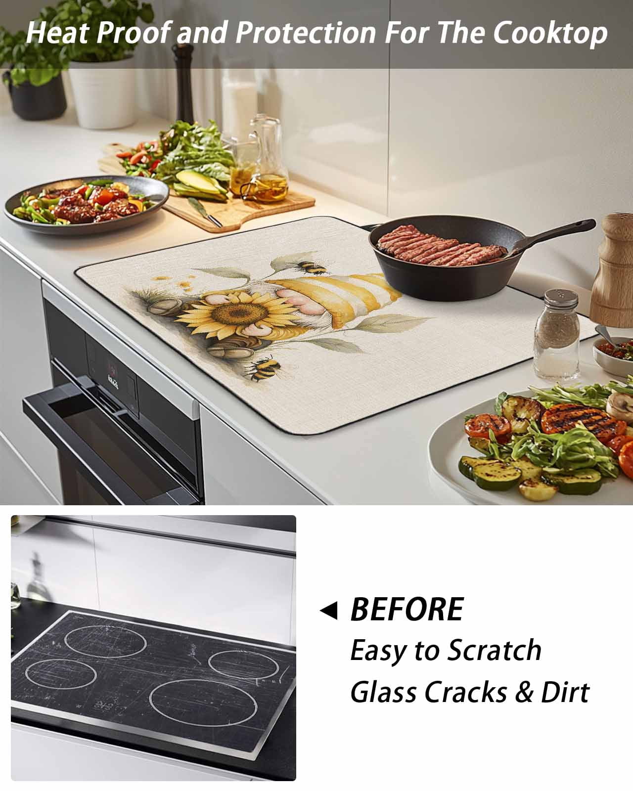 Stove Top Covers for Electric Stove 24x21 Inches, Sunflower Retro Heat Insulation Fireproof Glass Cooktop Protector, Yellow Gnomes Bee Beige Vintage Art Countertop Stovetop Cover for Kitchen