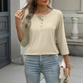 thumbnail image 4 of Atogsazn Womens 3/4 Sleeve T-shirt Casual Button Crew Neck Blouse Basic Tops Loose Outfit Tee Pullover Khaki M, 4 of 9