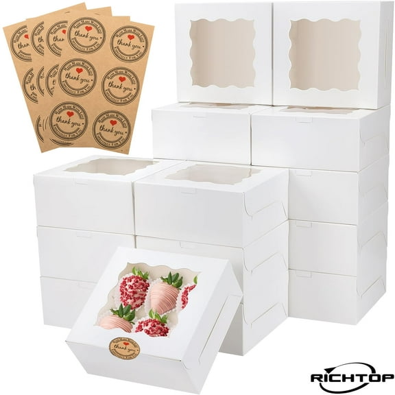 24 Pcs White Bakery Boxes with Window, 6*6 *3 inches, White Treat Boxes for Cookies, Pastry, Cakes, Strawberries, Macarons