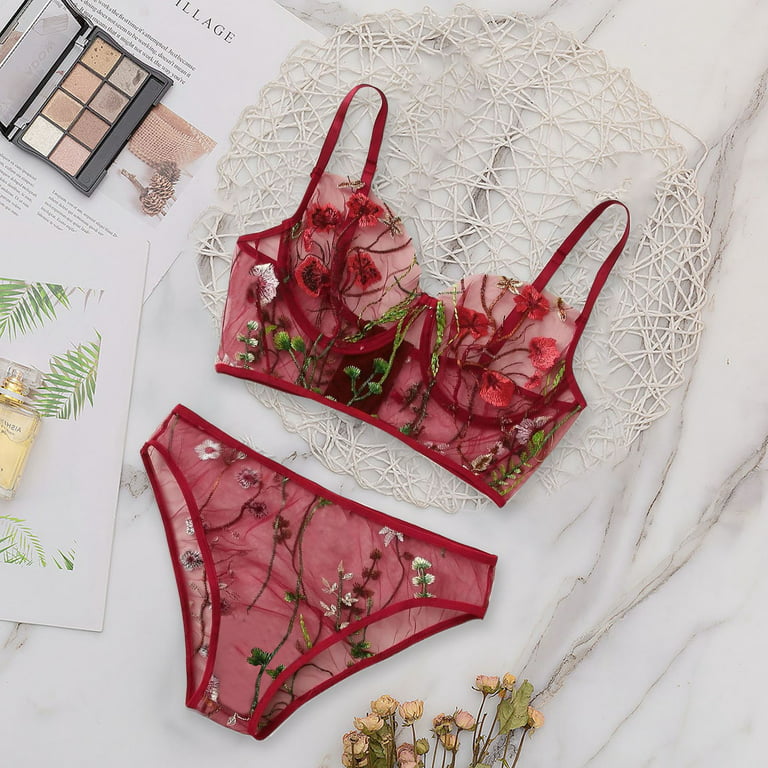 Follure Women's Floral Embroidery Sheer Mesh Lingerie Set Lace Bra and  Panty 2 Piece Red