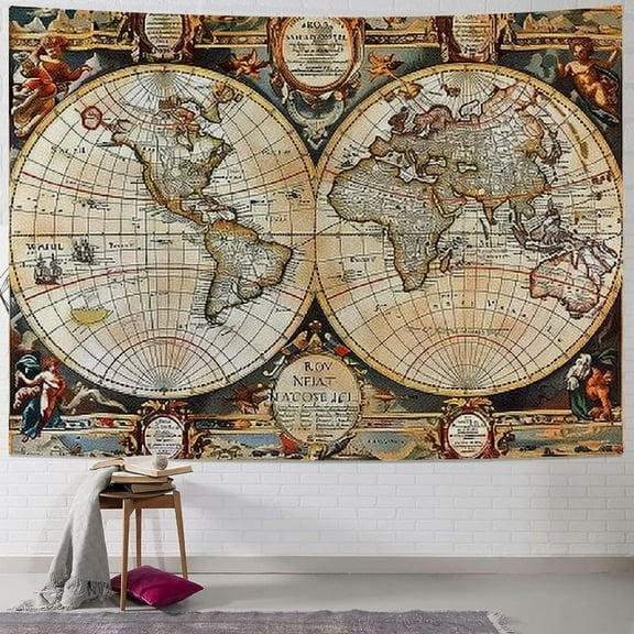 BCIIG Antique Old World Map Geographica by Jan Janssonius | Woven Tapestry Wall Art Hanging | Beautiful Rustic Globe with Luxurious Mythology Designs | 100% Cotton