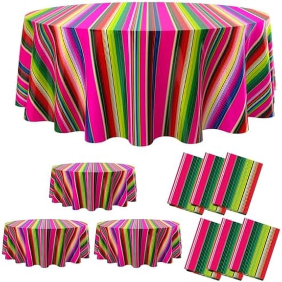 6 Pcs Mexican Tablecloth Halloween Colorful Table Cloth Plastic Mexican Stripe Round Tablecloth Waterproof Table Cloth Round Cover for Party Holiday Kitchen Dinning Banquet Picnic Fiesta