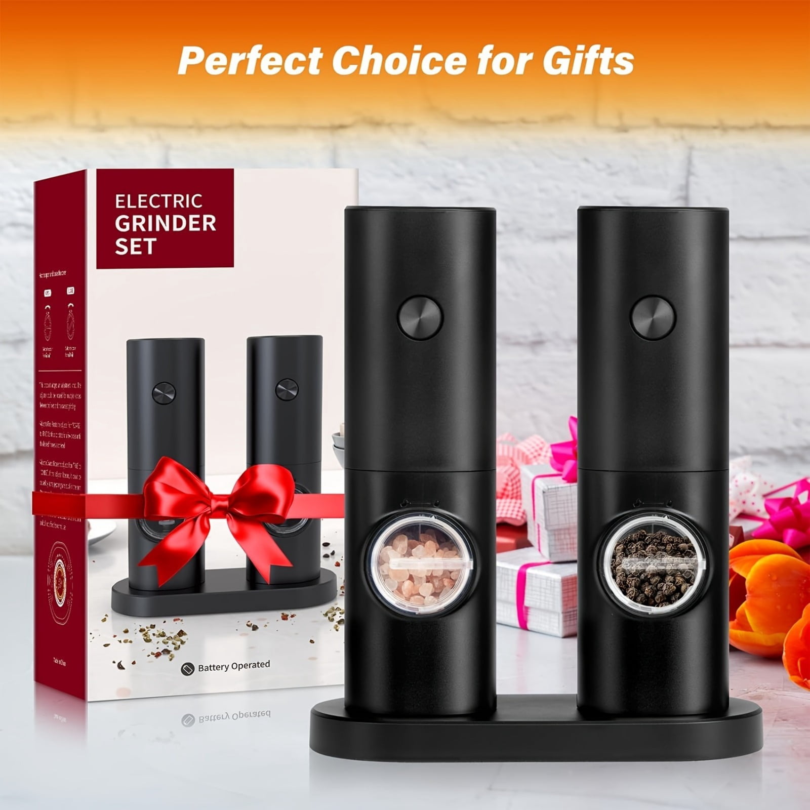 Salt and Pepper Grinder Set - Battery-Powered, Adjustable Coarseness, LED Illumination, with Storage Base