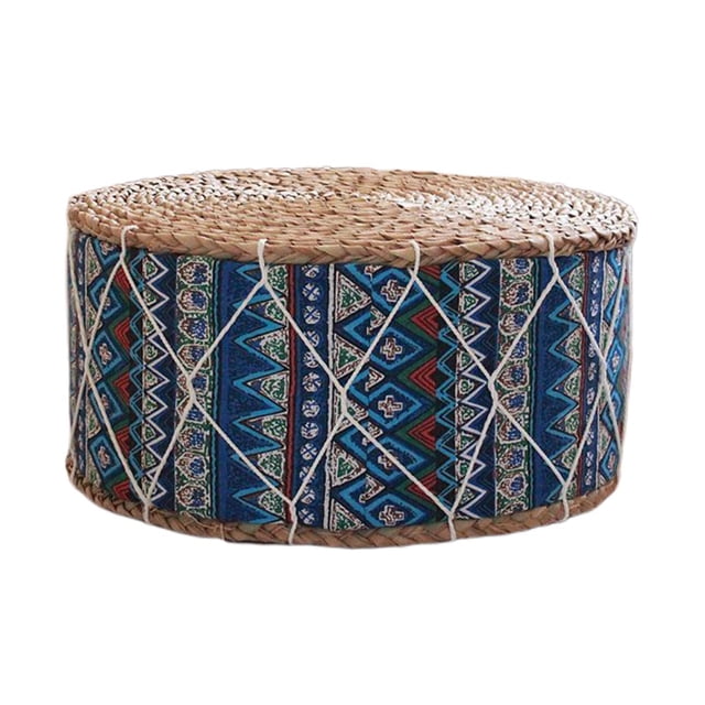 Bearachild Futón de paja hecho a mano Almohada de suelo Cojín de meditación Taburete Puf Bohemia Azul Decoración del hogar Azul bohemia