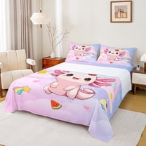 Manfei Cute Cartoon Salamander Queen Sheet Sets,Rainbow Watermelon Cake Flat Sheet,Pink Kawaii Axolotl Queen Fitted Sheet For Girl Kids,Super Cozy Room Decor,4 Pieces