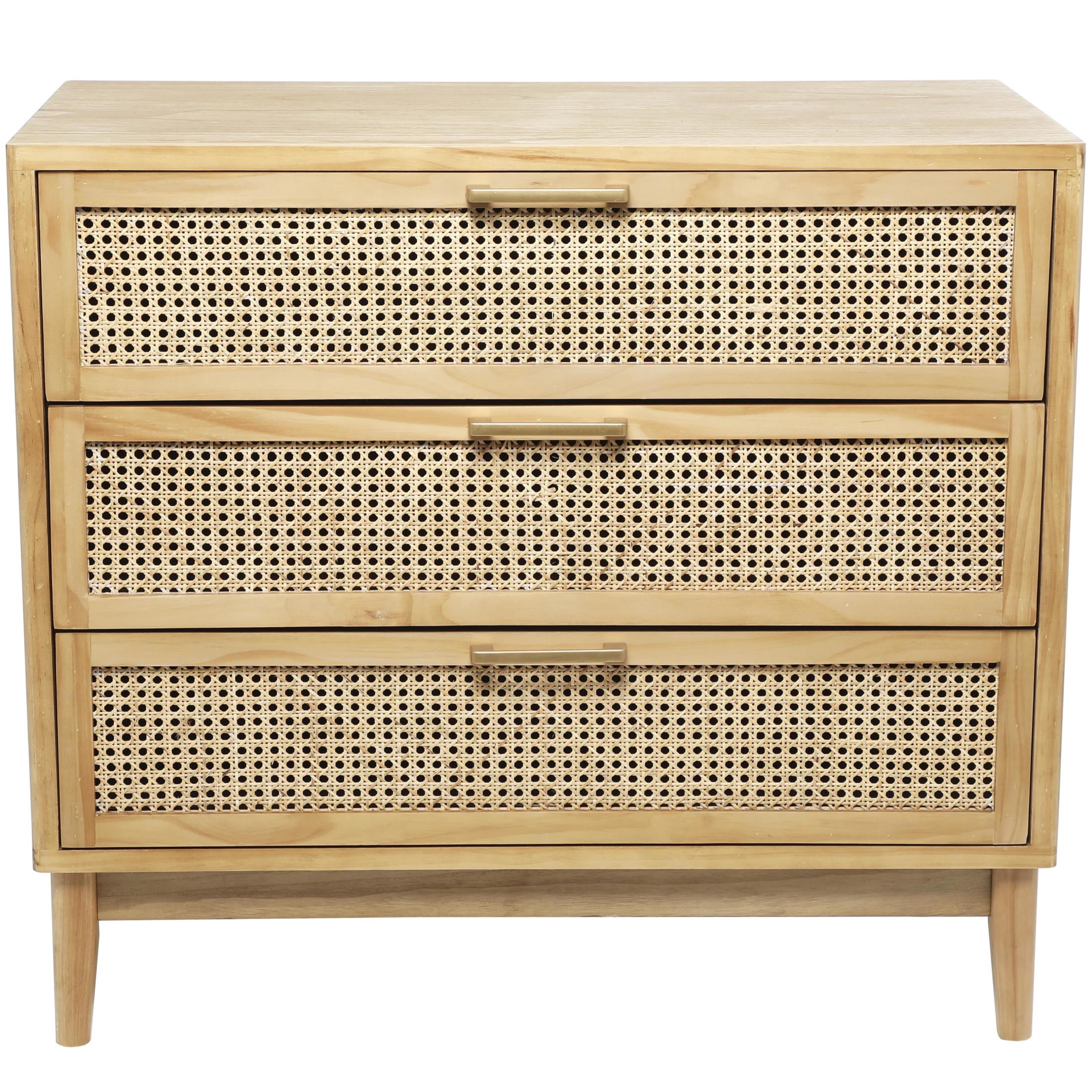 DecMode 36" x 32" Light Brown Wood 3 Drawer Chest with Beige Rattan Drawers and Gold Handles, 1-Piece