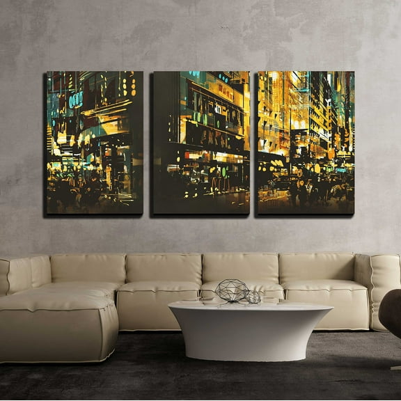 wall26 - 3 Piece Canvas Wall Art - Night Scene Cityscape,Abstract Art Painting - Modern Home Art Stretched and Framed Ready to Hang - 16"x24"x3 Panels