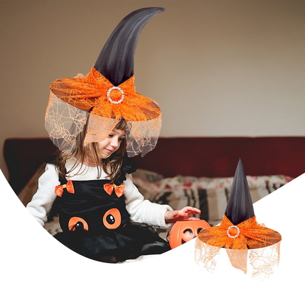 Sombrero de bruja de Halloween para mujer | Accesorio plegable para disfraz de cosplay | Sombrero puntiagudo de 35 cm de alto | Naranja, negro, rojo y morado | Material: tafetán de poliéster |