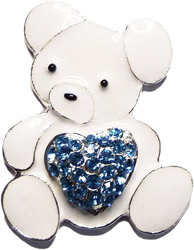 White Enamel Teddy Bear Blue Diamante Crystal Heart Embellishment