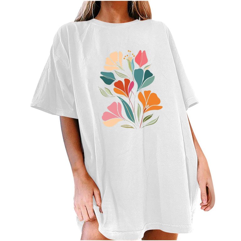 Oversized Y2K Graphic Tee For Women - Hawaii Floral Baggy Short Sleeve Top