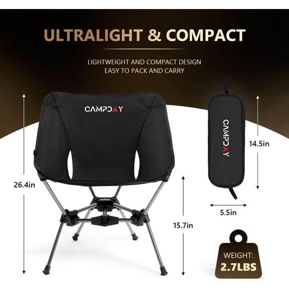 Camping Chair Backpacking Portable Hiking Ultralight Small Lightweight Folding Chair for Outdoor Camp Beach Picnic Concert, Supports 330lbs (Black,1PCS)