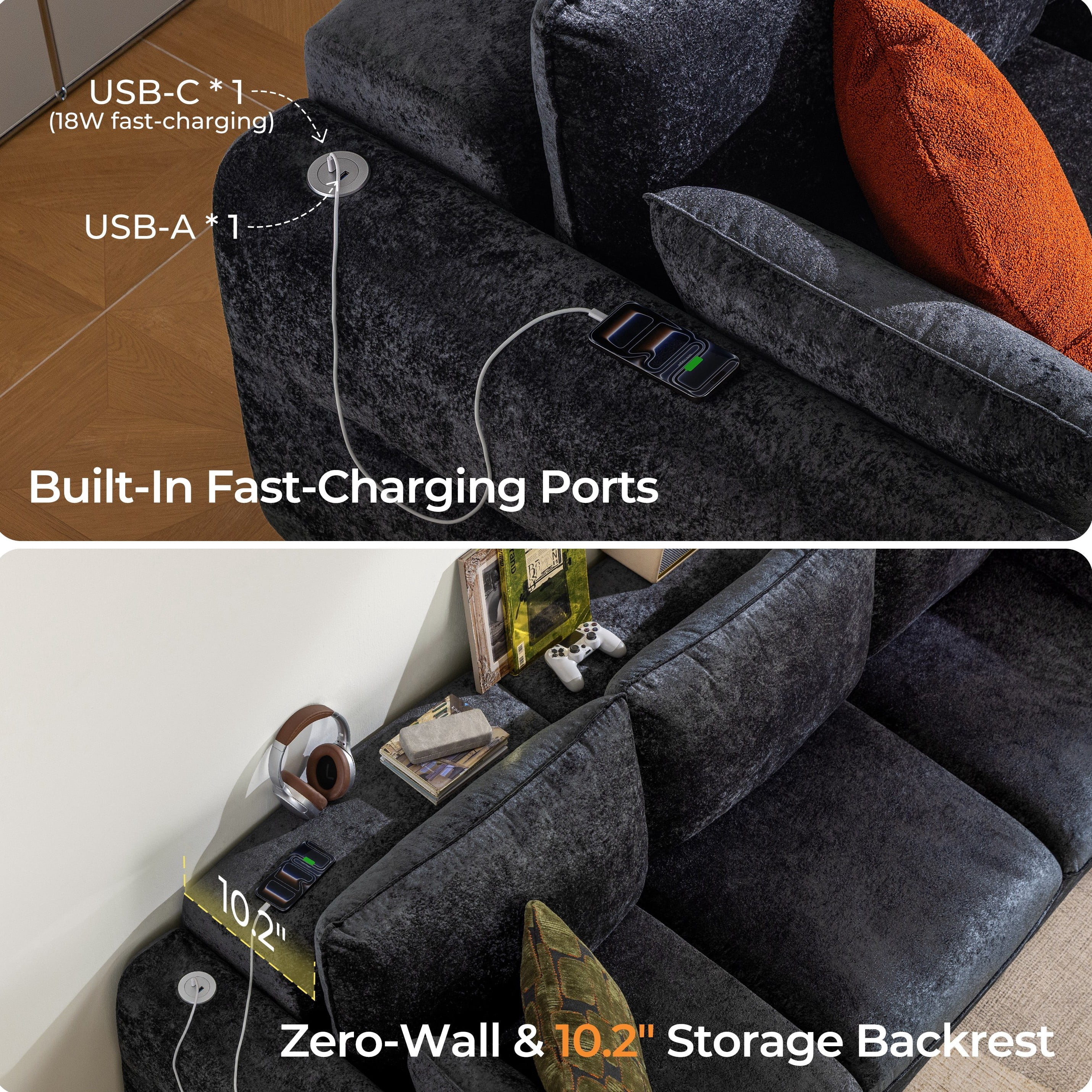 CHIC HOUSE 104" Electric Extendable Sofa Bed with Triple Motor, Convertible Smart Power Reclining Sleeper Sofa Deep Seat 3-Seat Couch with Solid Wood Frame in Velvet, Black
