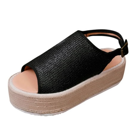 

Women s Shoes With Thick Soled Hemp Rope Woven Fish Mouth Belt Buckle Rubber sandals for Women Black