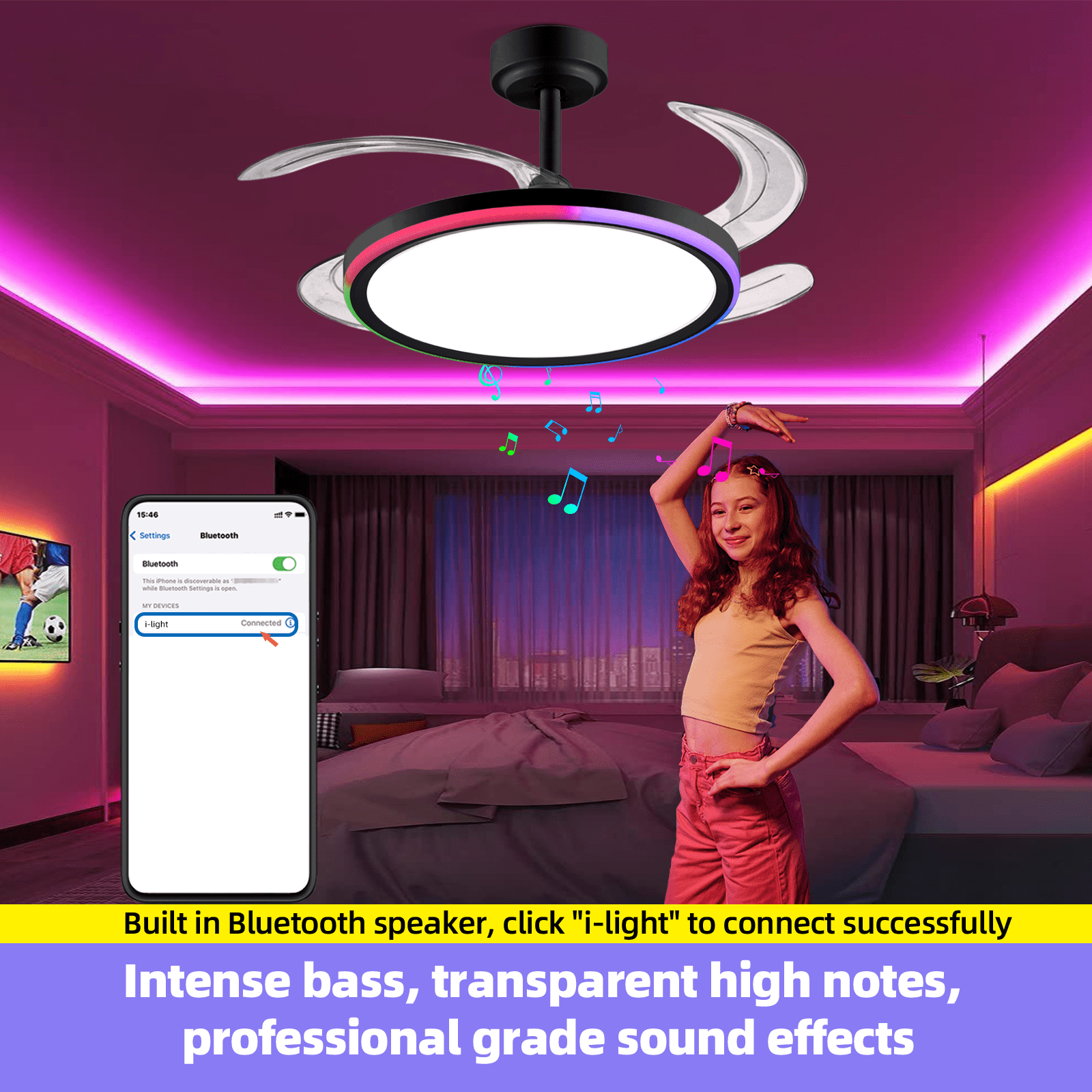 BAYSQUIRREL 42in Slim Retractable Ceiling Fan with RGB Light, Bluetooth Speaker, APP/Remote Control, 6-Speed Reversible, Dimmable Full Spectrum & Memory