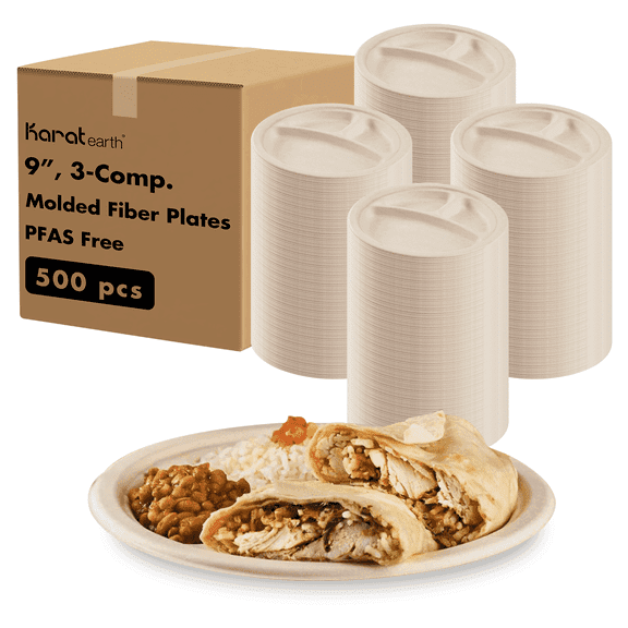 Karat Earth 3 Compartments, 9'' Paper Round Plates, Molded Fiber, Natural - 500 pcs