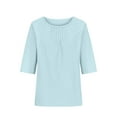 thumbnail image 5 of AXXD Womens Blouses Dressy Casual Blue Basic Summer 2024 Solid Color Loose Round Neck Middle Sleeve Folded Cotton Linen Shirt Top, 5 of 6