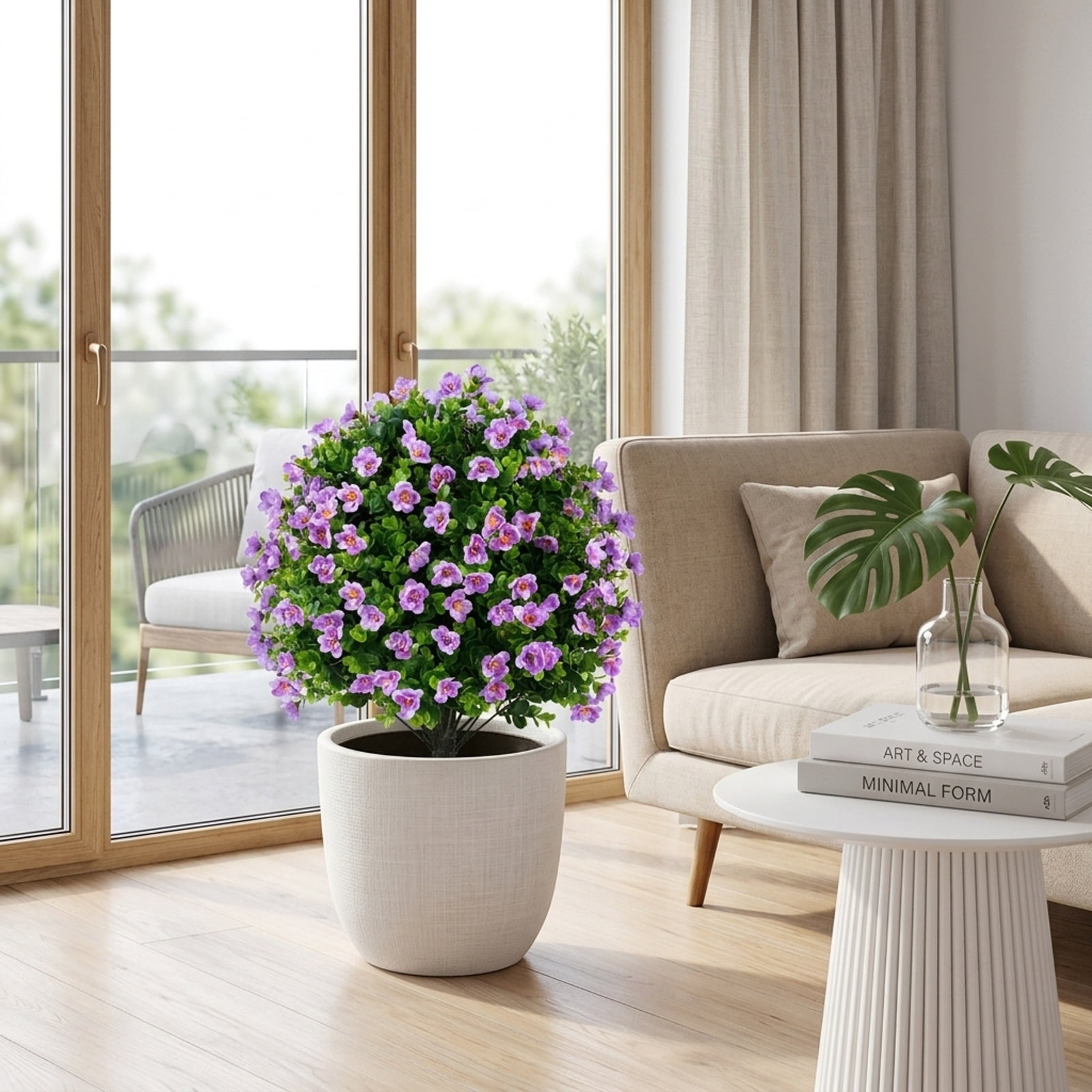 Vebreda Artificial Plant Decor, 2 Pack Artificial Eucalyptus Topiary Trees with Flowers and Cement Planter for Home, Lifelike Eucalyptus Bush