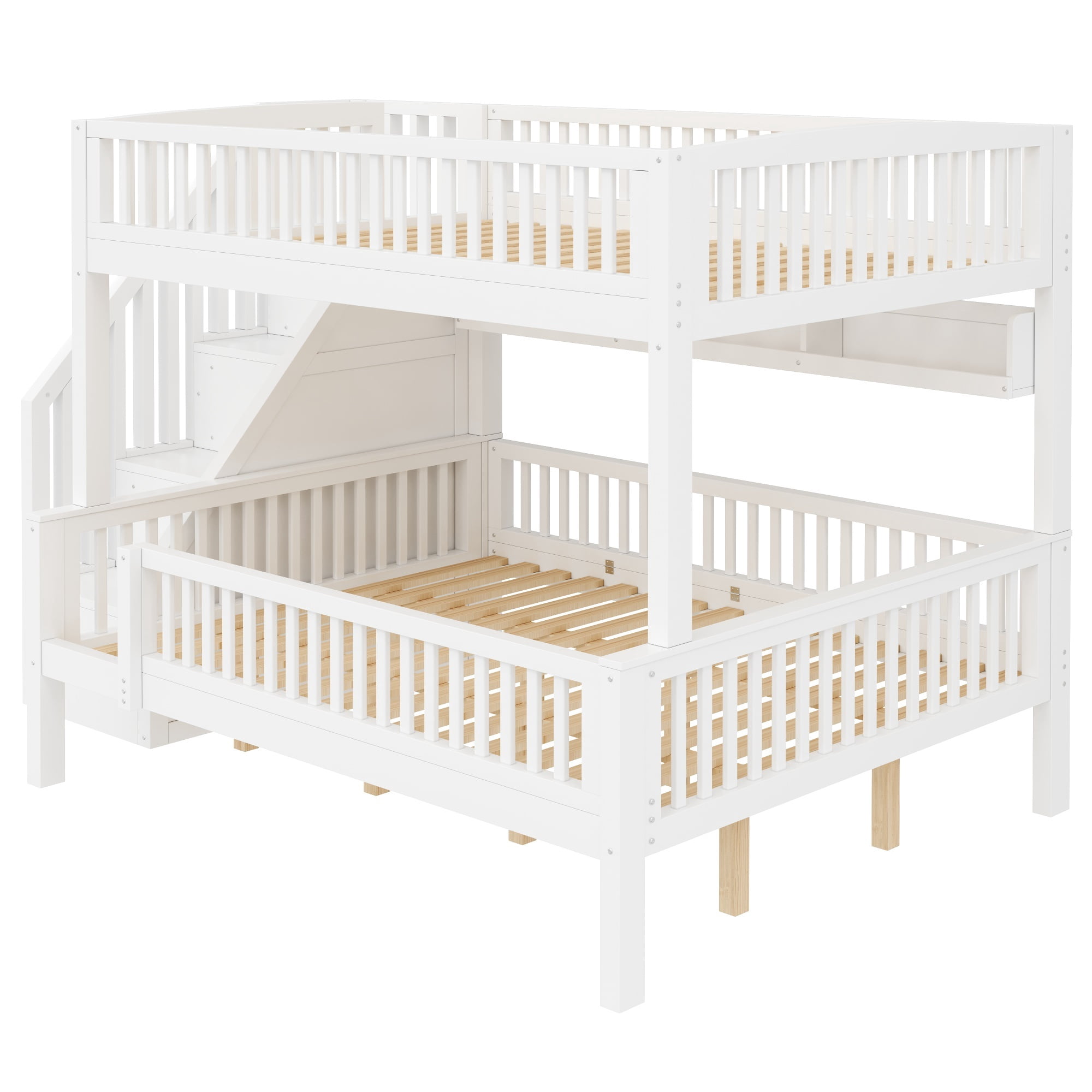 Euroco Wood Full XL over Queen Size Bunk Bed with Storage Staircase, LED Light Shelves and Guardrails, White