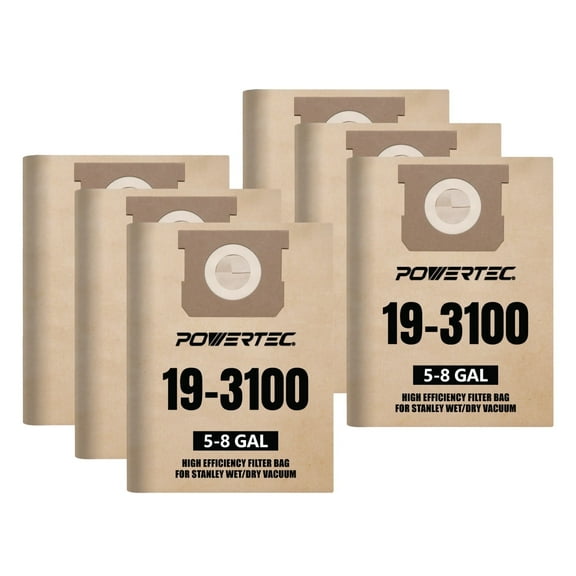 POWERTEC 6PK 19-3100 Shop Vac Bags for Stanley 5-8 Gal Wet Dry Vac, Replacement Vacuum Bags for Stanley SL18116P, SL18115P & Porter Cable Shop Vacuums  (75101-P2N)