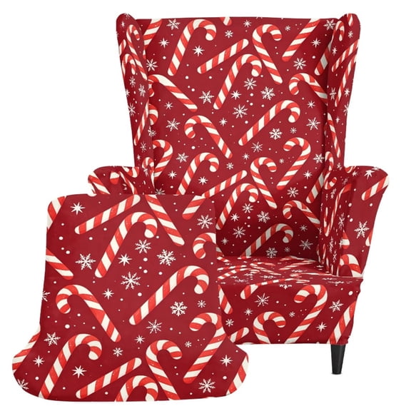 COEQINE Wingback Chair Cover Red Candy Cane Snowflake Wing Backed Chair Slipcover, Separate Cushion Cover, Stretch Furniture Protector, Machine Washable, Christmas Home Decor