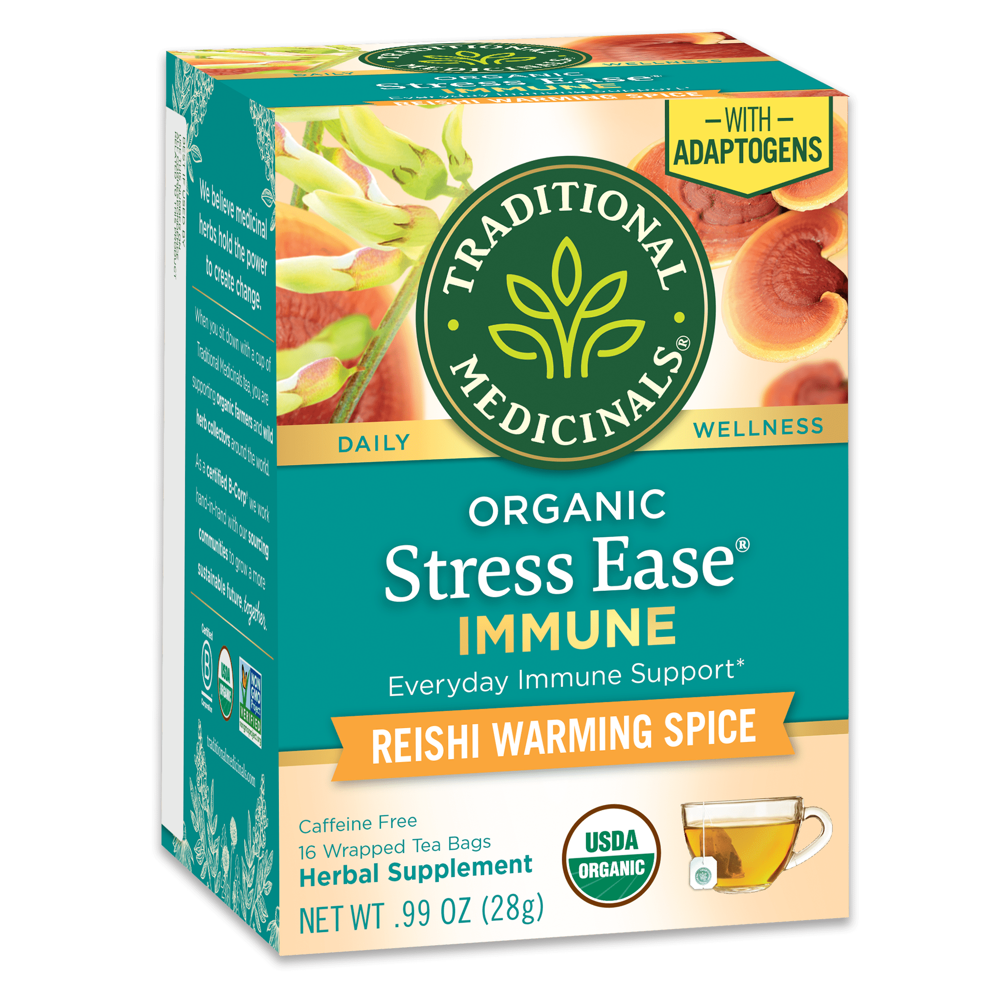(6 pack) Traditional Medicinals Organic Stress Ease Immune Tea Bags with Astragalus and Reishi Mushroom, 16 Count