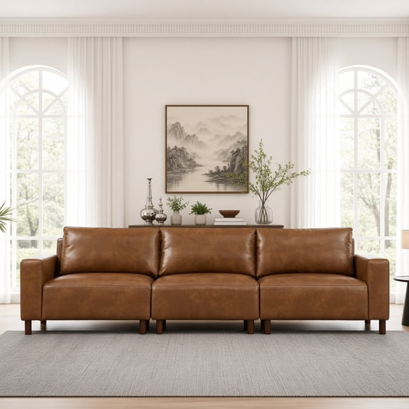 112" PU Leather Sofa for Living Room, 3-Seater Breathable Faux Leather Couch with Solid Wood Legs, Brown