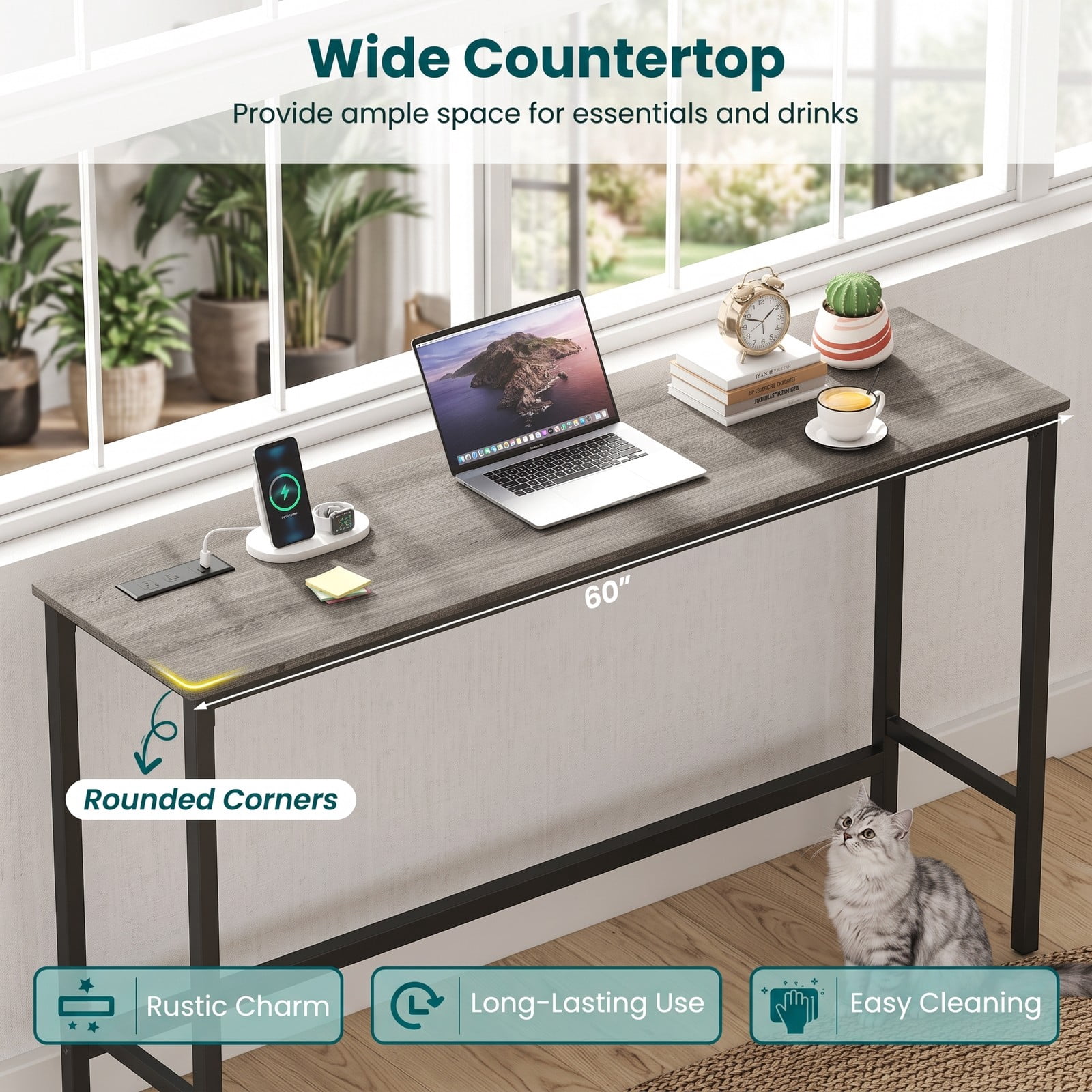 Furnibear 4-Piece Counter Height Bar Table Set with Power Outlet & USB Ports, 60" Pub Dining Table with 3 Padded Backless Stools, Space-Saving Kitchen Breakfast, Gray