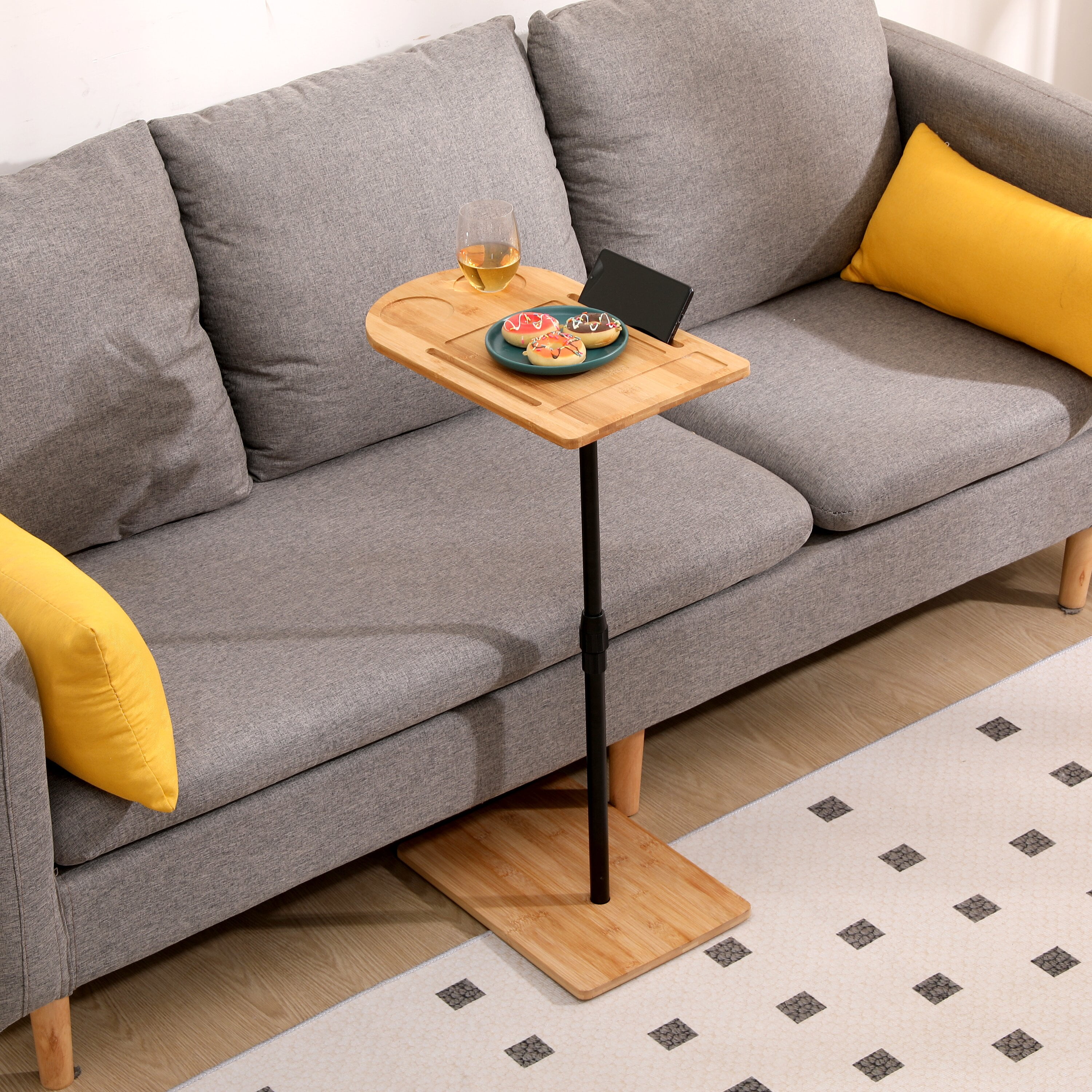Yoneston Natural C-Shaped End Table Rotating Adjustable Height Couch Tray Table Bedside Table with Wine Slots & Phone Holder for Bed Sofa Bathtub, Oval
