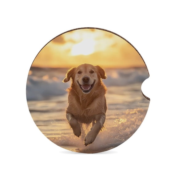 Golden Retriever Running On The Beach Sunset Car Coasters for Drinks with A Finger Notch for Easy Removal Cup Holder Coaster Cute Car Interior Accessories 1PCS