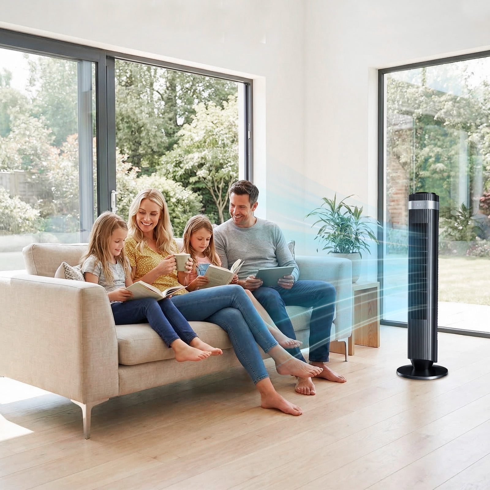 Tower Fan for Home, 64° swivel Standing Floor Fan with Remote, Bladeless Fan Cold Air Quiet, 5 Speeds, 4 Modes, LED Display, Black