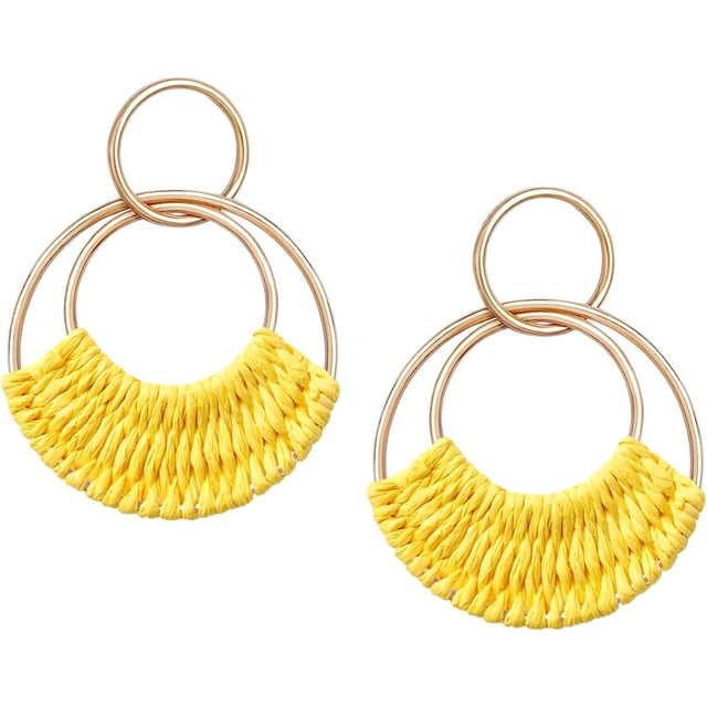 Raffia Hoop Earrings for Women Girls Fun Boho Summer Beach Earrings Lightweight Handmade Straw Wicker Rattan Dangle Earrings Statement Geometric Round Drop Earrings