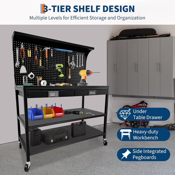 48" Heavy Duty Rolling Workbench with Pegboard, 2 Drawers & Shelves, Mobile Steel Garage Work Table with Power Outlets for Workshop & DIY Storage