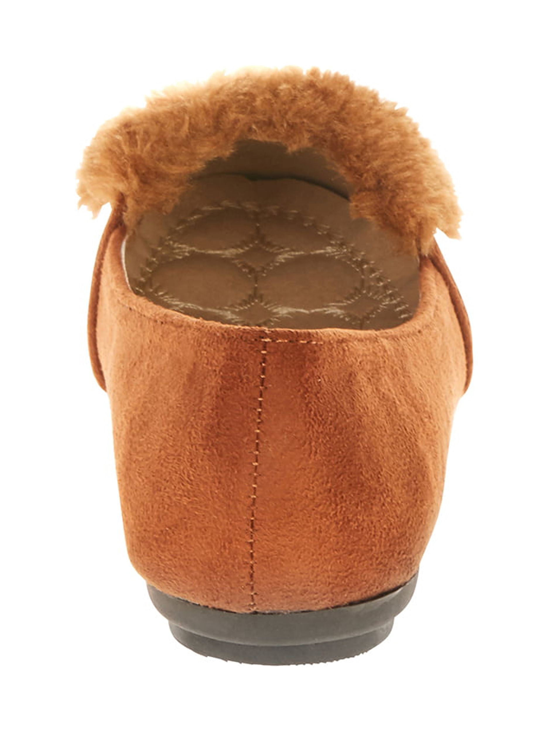 Victoria K Women's Soft Textured Material With Faux Fur Ornament And Solid Silver Placket Ballerina Flats
