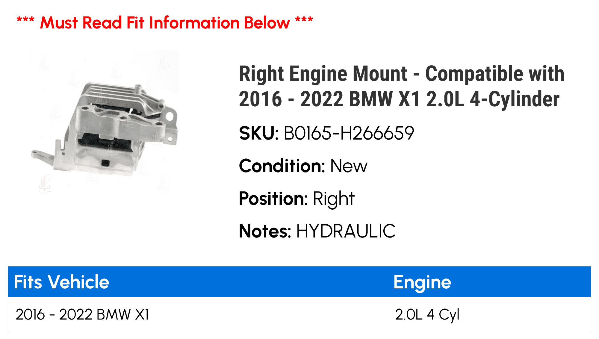 Right Engine Mount - Compatible with 2016 - 2022 BMW X1 2.0L 4-Cylinder 2017 2018 2019 2020 2021
