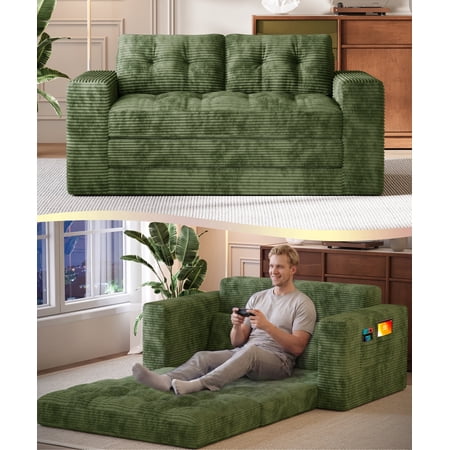 Boneless Convertible Floor Sofa Bed, Lofka 59" Folding Loveseat Couch for Small Spaces, Corduroy 2 Seater Lounge Sleeper with 2 Pillows & Pockets for Living Room, No Assembly, Green