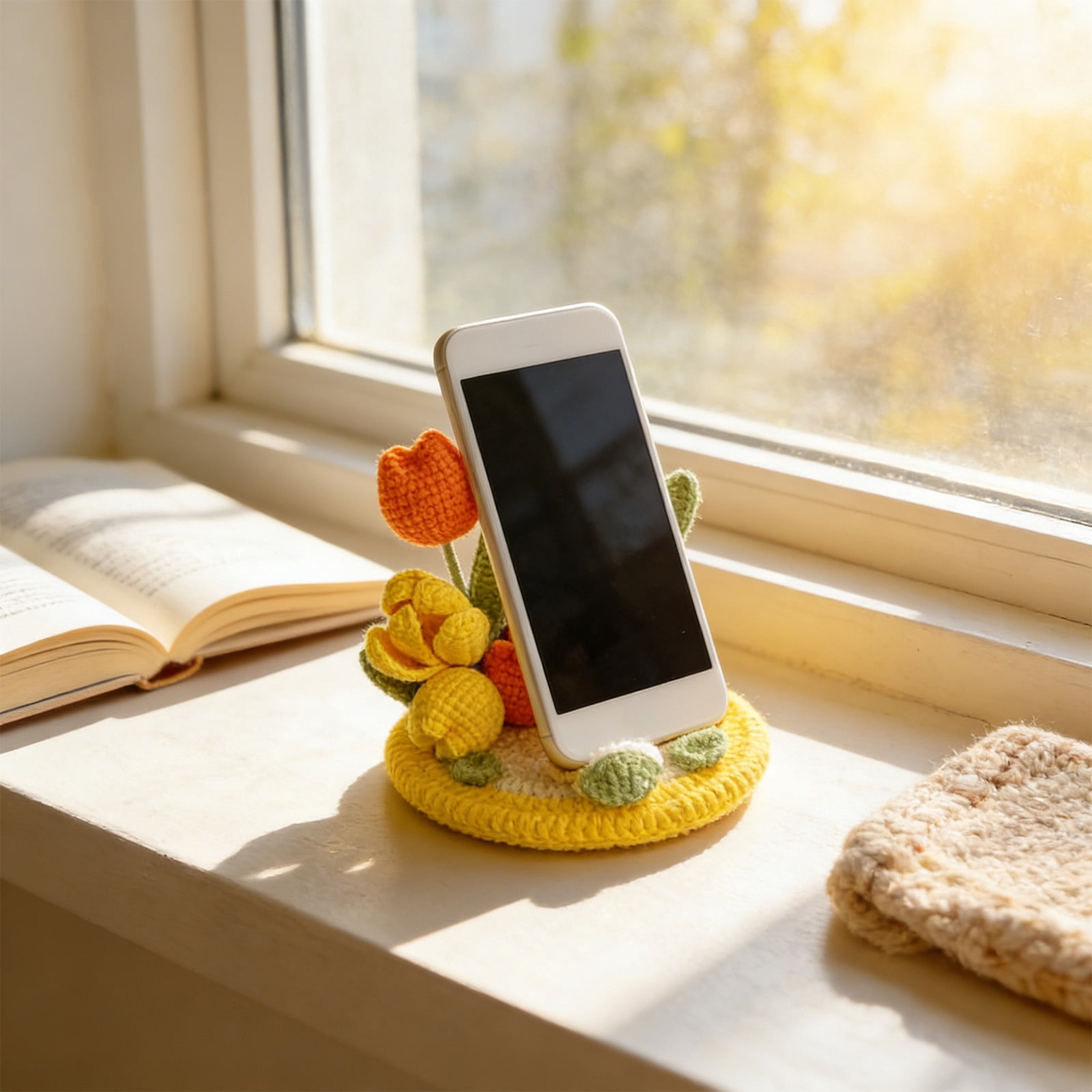 AURIGATE Handmade Crochet Tulip Flower Phone Stand, 5.12 Inch Cotton Cute Floral Phone Holder for Desk Home Office Decor