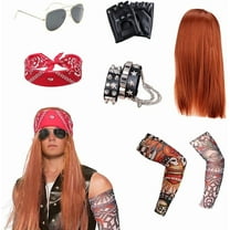90s Punk Accessories, 7PCS Rocker Cosplay Set for 70s 80s Men Women, Halloween Heavy Metal Rock Theme Party Punk Style Gold Long Straight Wig