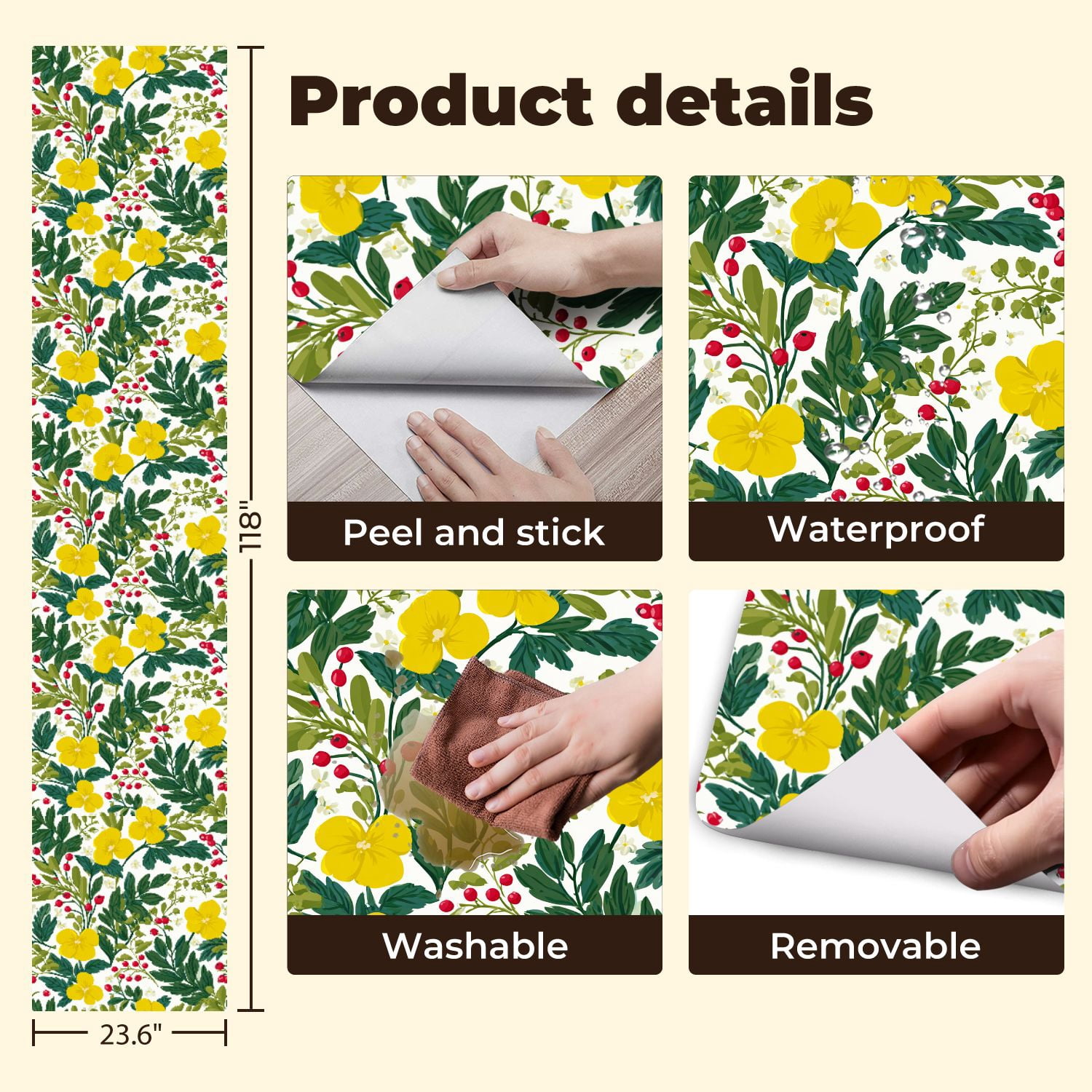 Peel and Stick Wallpaper Bright Yellow Floral Green Leaves Red Berries White Wall Mural 23.6in x 9.8ft Self Adhesive Removable Wall Paper Renter Friendly Wallpaper for Bedroom Nursery Living Room