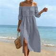 thumbnail image 2 of Women's off-the-Shoulder Cotton Linen Blend Dress Short Sleeve Lace Trim Casual Midi Dress with Side Slit for Summer Beach Vacation Gray S(S), 2 of 7