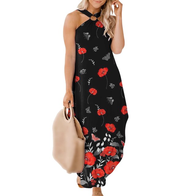 SMihono Été Boho Maxi Robe pour les Femmes Plus Size Boho Été Maxi Robe pour les Femmes Été Casual Criss Cross Sundress Sans Manches Split Longue Plage Robe avec Poches Plage Swing Sundress