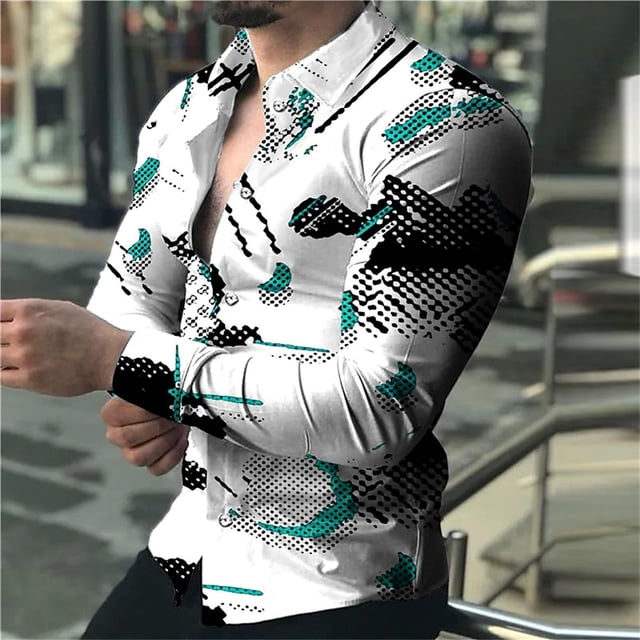 Camisa de solapa de manga larga con estampado de colores y parches geométricos 3D más vendida para hombre, ropa de diseñador para ocio callejero de Vaion para hombre
