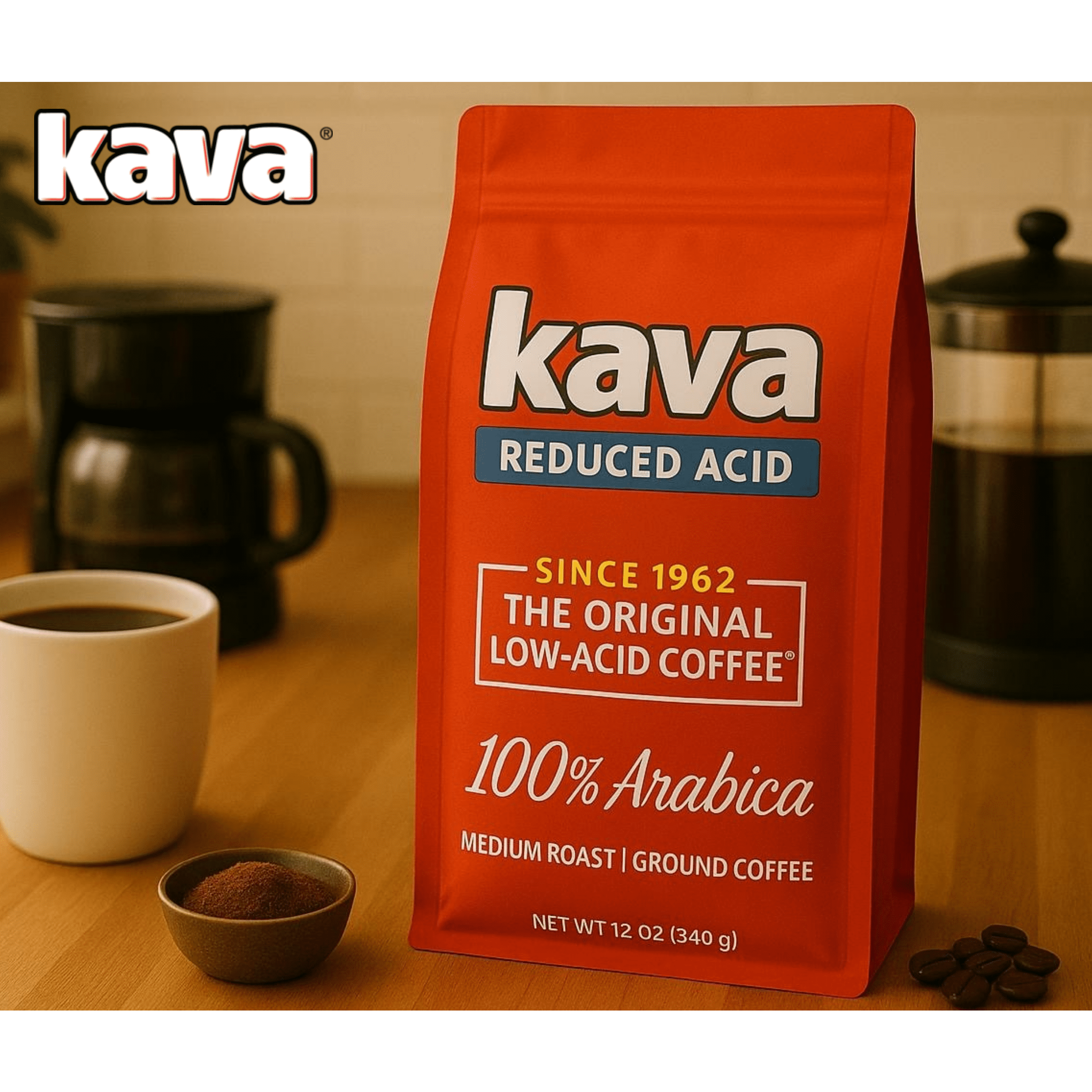 Kava Low Acid Ground Coffee – Medium Roast Arabica, Stomach Friendly, Kosher, 12 oz Bag (Pack of 3)