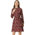 thumbnail image 1 of Vestido Floral De Una Línea De Manga Larga Con Columpio Hasta La Rodilla Y Cuello Simulado Para Mujer Rojo vino satinado S, 1 of 6